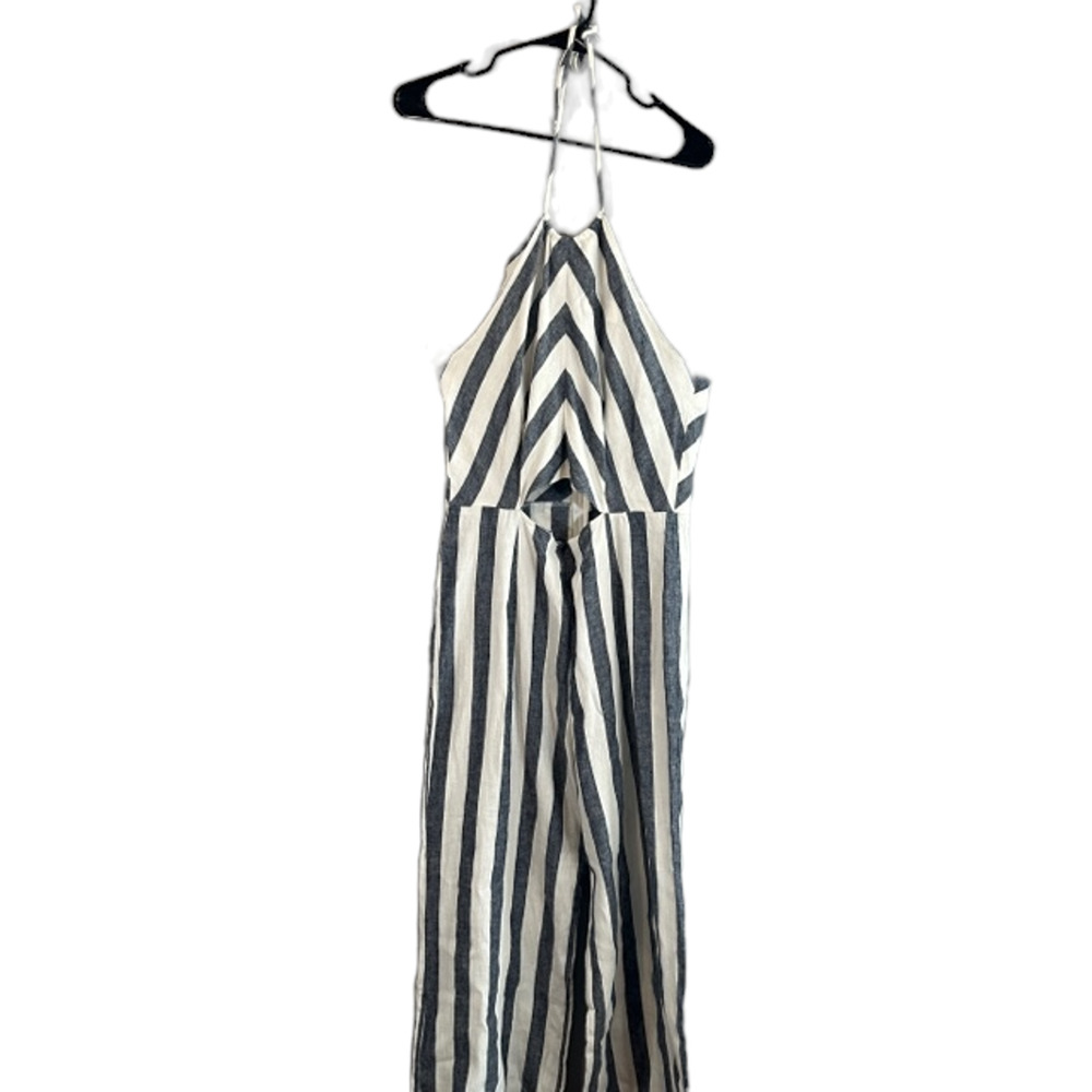 Olivaceous Blue & White Striped Low Back Sleeveless Pants Jumper Women Sz L